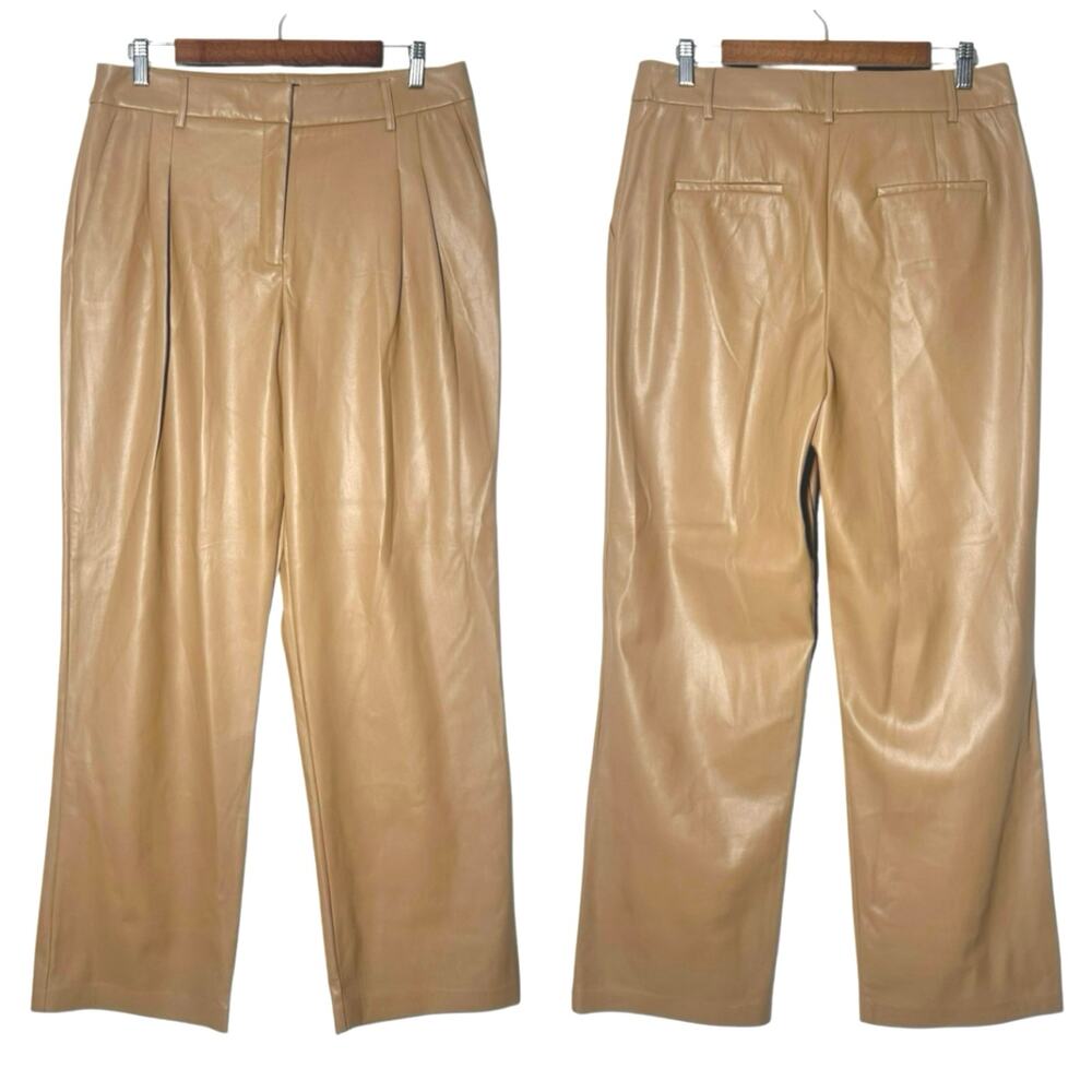 House of Harlow 1960 | Women | Camel Vegan Leather Pleated Wide Leg Pants | 12